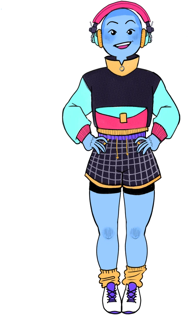Bloom, the club mascot: a blue character in headphones, a cropped jacket, and a plaid skirt, standing with hands on hips